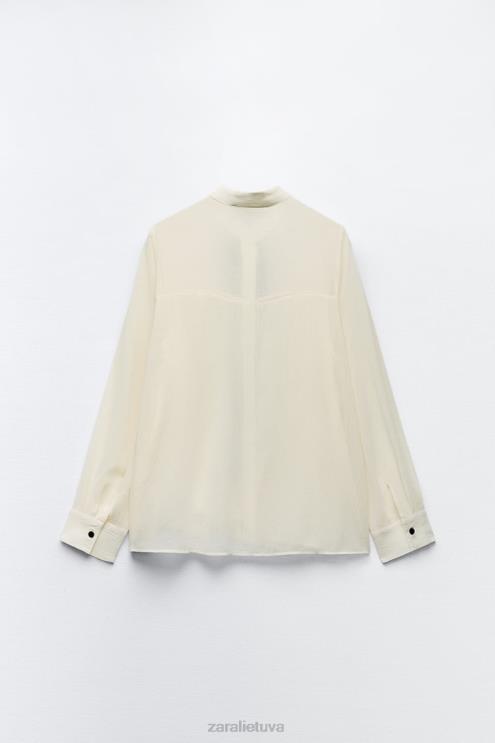 moterys Zara susiraukšlėję kaklo marškinėliai ekru apranga 4N488293