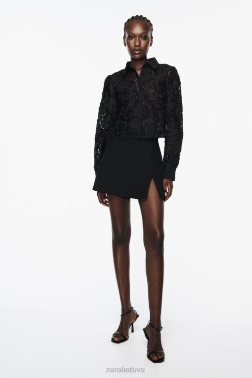 moterys Zara tekstūruoti gėlių marškinėliai juodas apranga 4N488340