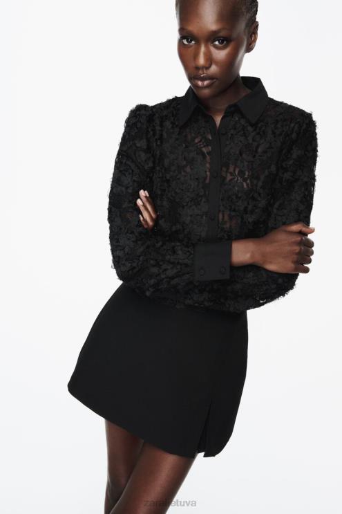 moterys Zara tekstūruoti gėlių marškinėliai juodas apranga 4N488340