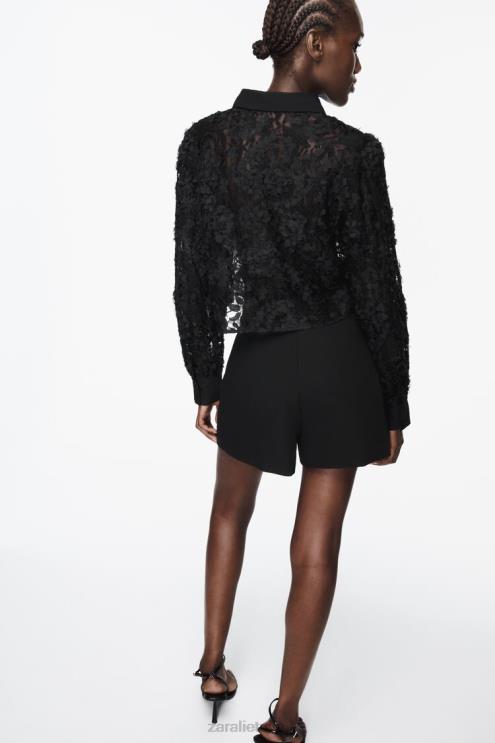 moterys Zara tekstūruoti gėlių marškinėliai juodas apranga 4N488340