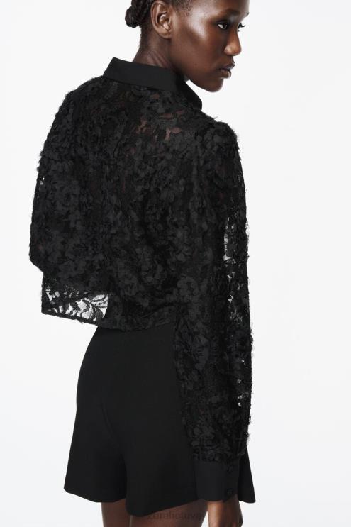 moterys Zara tekstūruoti gėlių marškinėliai juodas apranga 4N488340