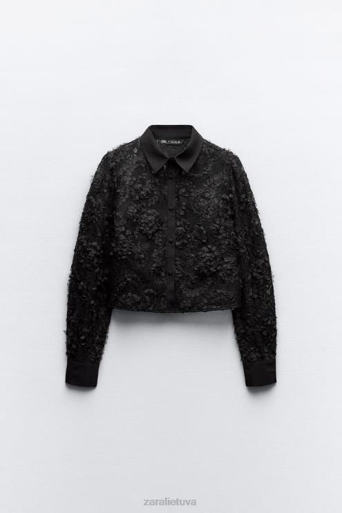 moterys Zara tekstūruoti gėlių marškinėliai juodas apranga 4N488340