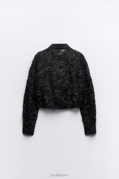 moterys Zara tekstūruoti gėlių marškinėliai juodas apranga 4N488340
