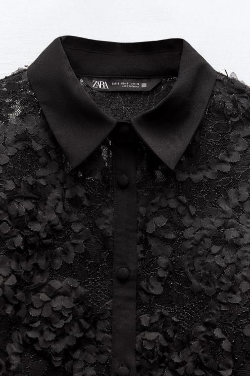 moterys Zara tekstūruoti gėlių marškinėliai juodas apranga 4N488340