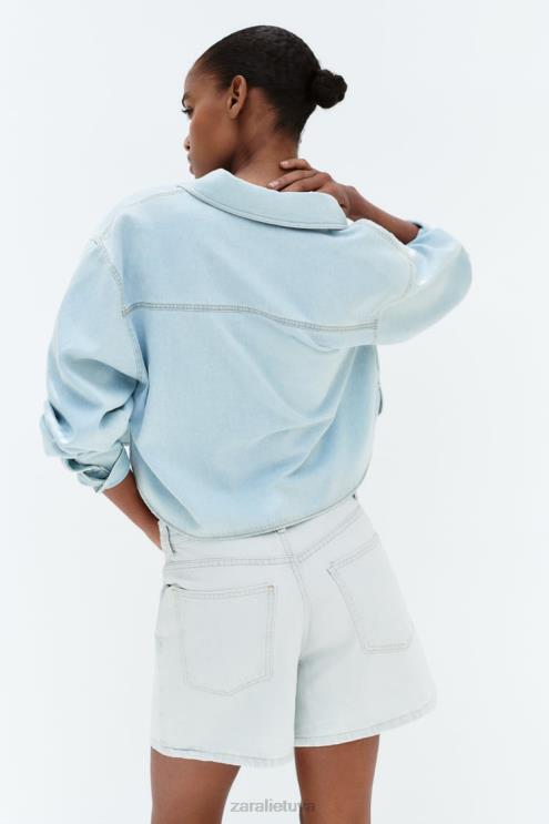 moterys Zara z1975 trumpinti džinsiniai marškiniai šviesiai mėlynas apranga 4N488408