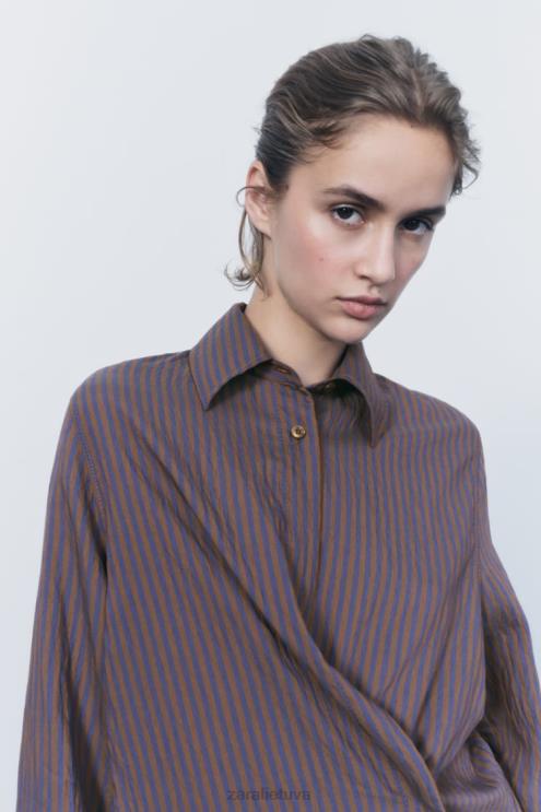 moterys Zara zw kolekcijos multi/poziciniai minimalistiniai dryžuoti marškiniai ruda/mėlyna apranga 4N488299