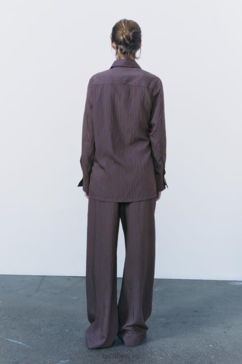 moterys Zara zw kolekcijos multi/poziciniai minimalistiniai dryžuoti marškiniai ruda/mėlyna apranga 4N488299