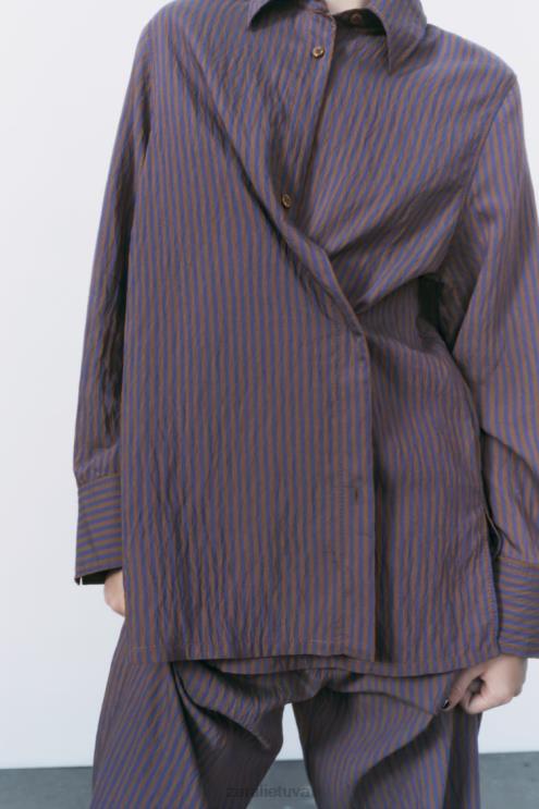 moterys Zara zw kolekcijos multi/poziciniai minimalistiniai dryžuoti marškiniai ruda/mėlyna apranga 4N488299