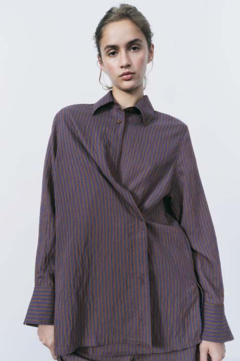 moterys Zara zw kolekcijos multi/poziciniai minimalistiniai dryžuoti marškiniai ruda/mėlyna apranga 4N488299