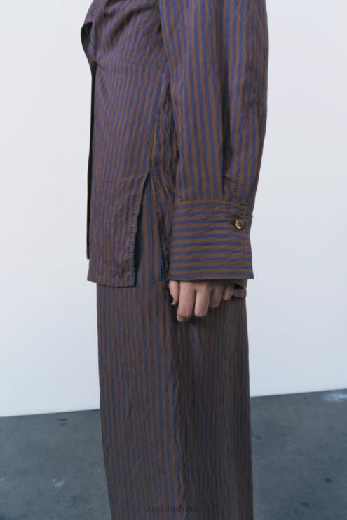 moterys Zara zw kolekcijos multi/poziciniai minimalistiniai dryžuoti marškiniai ruda/mėlyna apranga 4N488299