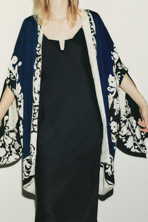 moterys Zara apverčiamas margintas kimono mėlyna/juoda apranga 4N488136
