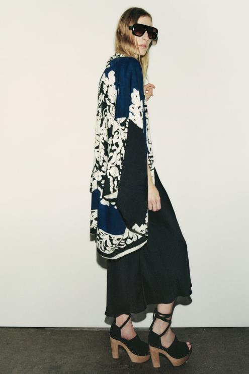 moterys Zara apverčiamas margintas kimono mėlyna/juoda apranga 4N488136