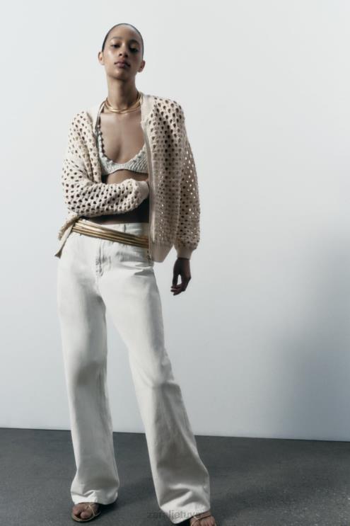 moterys Zara atvira megzta bomber striukė ekru apranga 4N488133