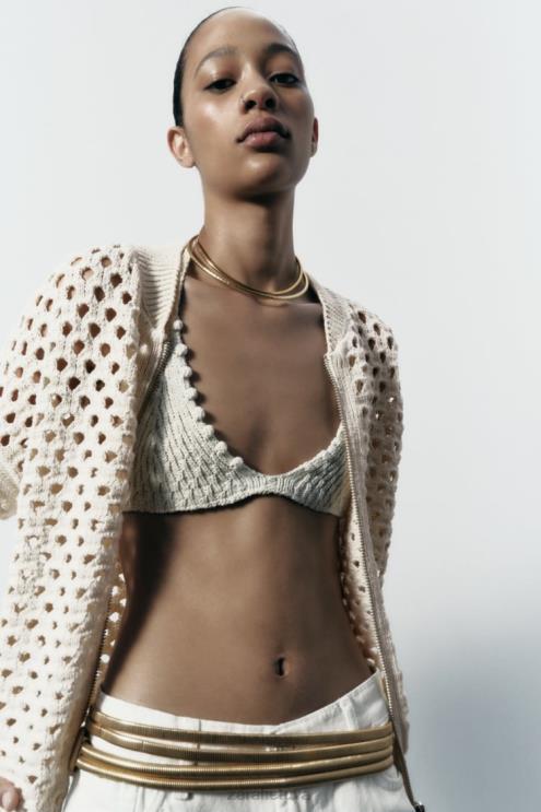 moterys Zara atvira megzta bomber striukė ekru apranga 4N488133