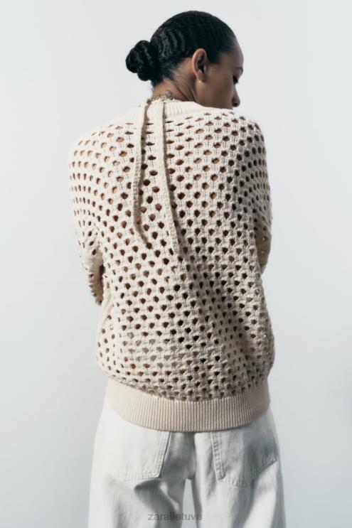 moterys Zara atvira megzta bomber striukė ekru apranga 4N488133