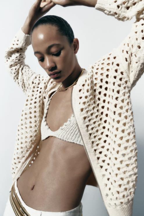 moterys Zara atvira megzta bomber striukė ekru apranga 4N488133