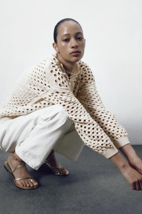 moterys Zara atvira megzta bomber striukė ekru apranga 4N488133