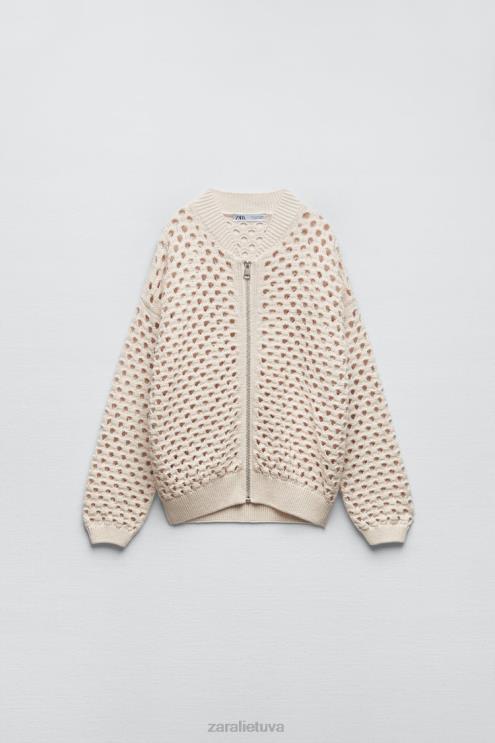 moterys Zara atvira megzta bomber striukė ekru apranga 4N488133