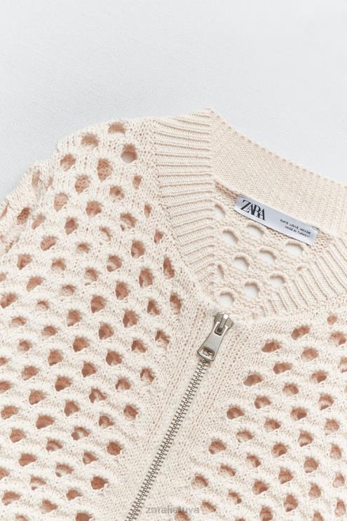 moterys Zara atvira megzta bomber striukė ekru apranga 4N488133