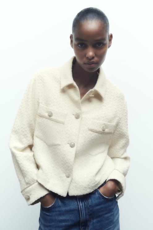 moterys Zara brangakmenių sagomis apkarpyta striukė ekru apranga 4N48880