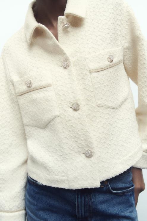 moterys Zara brangakmenių sagomis apkarpyta striukė ekru apranga 4N48880