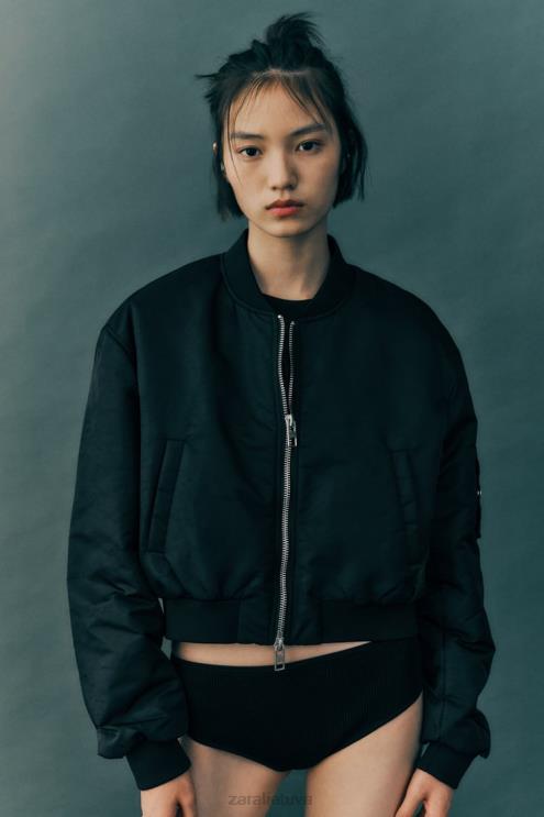 moterys Zara crop nailono bomber striukė juodas apranga 4N48815