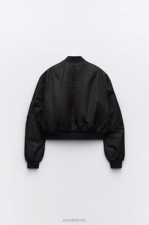 moterys Zara crop nailono bomber striukė juodas apranga 4N48815