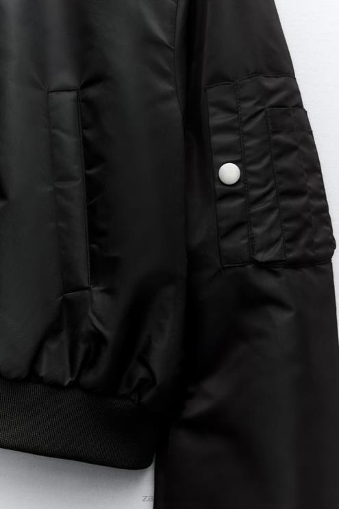 moterys Zara crop nailono bomber striukė juodas apranga 4N48815