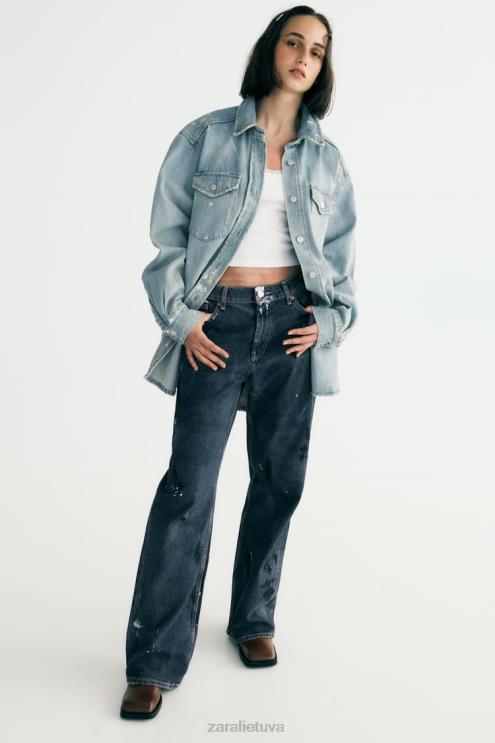 moterys Zara dažų purslai oversized trf džinsiniai marškinėliai mėlyna apranga 4N488110