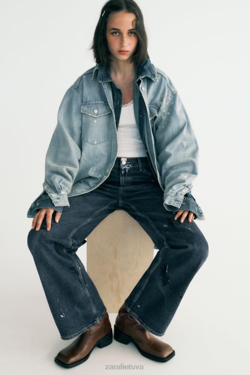 moterys Zara dažų purslai oversized trf džinsiniai marškinėliai mėlyna apranga 4N488110