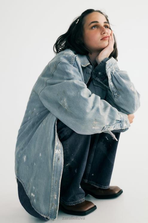moterys Zara dažų purslai oversized trf džinsiniai marškinėliai mėlyna apranga 4N488110