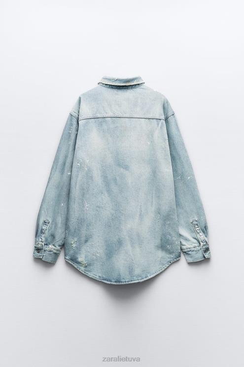 moterys Zara dažų purslai oversized trf džinsiniai marškinėliai mėlyna apranga 4N488110