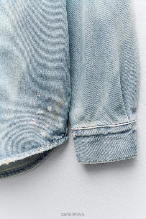 moterys Zara dažų purslai oversized trf džinsiniai marškinėliai mėlyna apranga 4N488110