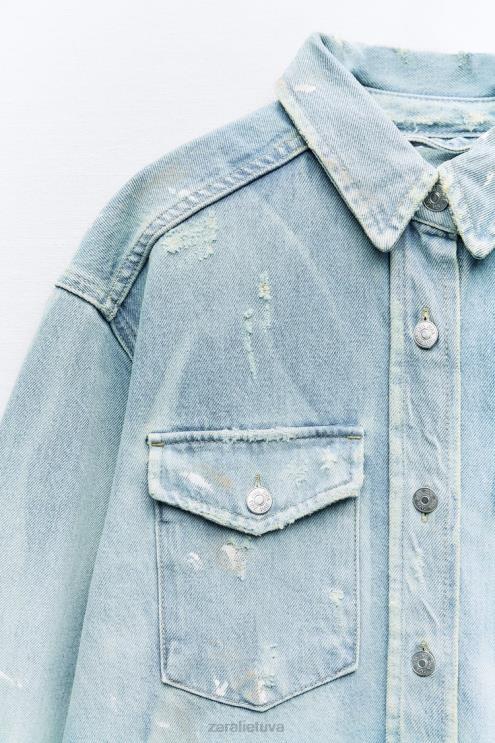 moterys Zara dažų purslai oversized trf džinsiniai marškinėliai mėlyna apranga 4N488110