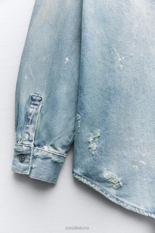 moterys Zara dažų purslai oversized trf džinsiniai marškinėliai mėlyna apranga 4N488110