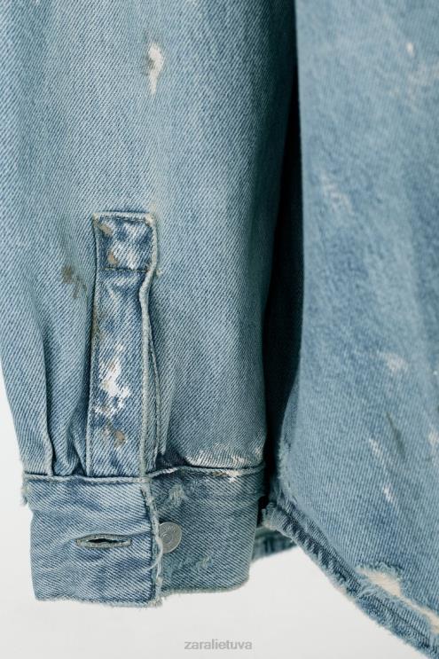 moterys Zara dažų purslai oversized trf džinsiniai marškinėliai mėlyna apranga 4N488110