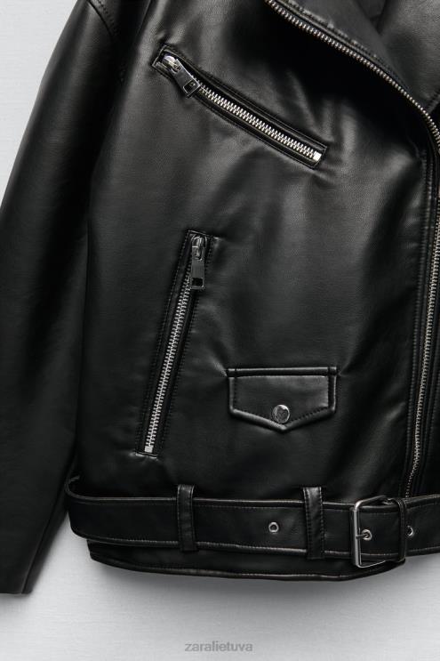 moterys Zara dirbtinės odos negabaritinė striukė juodas apranga 4N48832