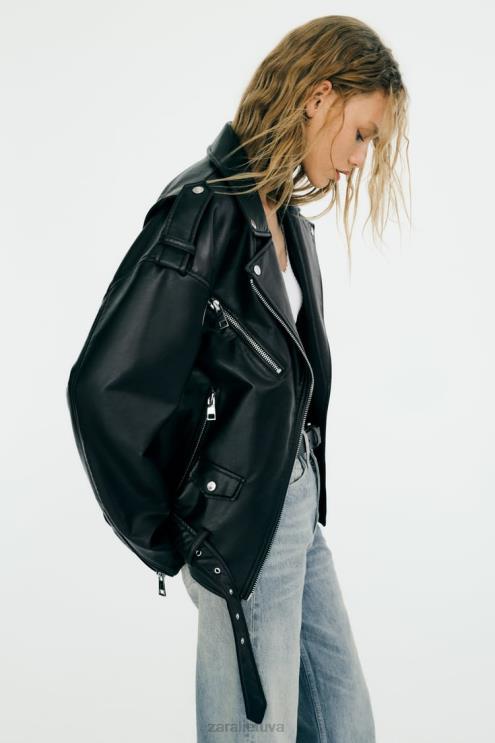 moterys Zara dirbtinės odos negabaritinė striukė juodas apranga 4N48832