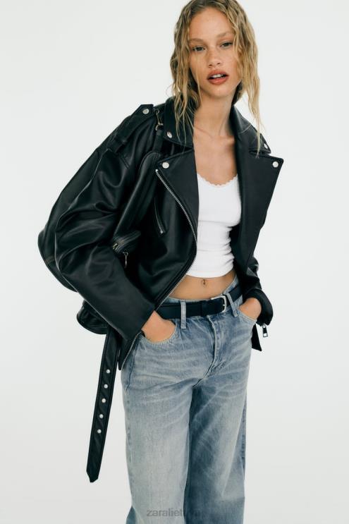 moterys Zara dirbtinės odos negabaritinė striukė juodas apranga 4N48832