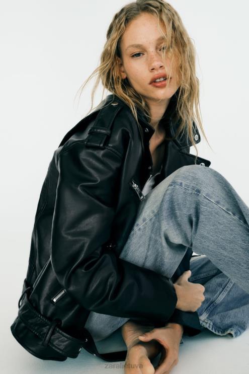 moterys Zara dirbtinės odos negabaritinė striukė juodas apranga 4N48832