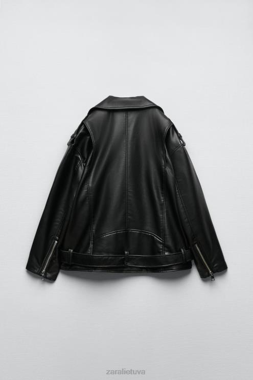 moterys Zara dirbtinės odos negabaritinė striukė juodas apranga 4N48832
