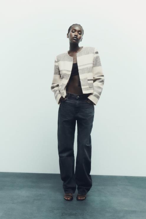 moterys Zara dryžuotas tekstūrinis švarkas ekru/juoda apranga 4N48878