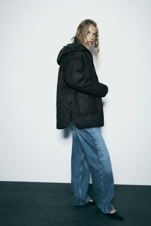 moterys Zara dygsniuota vandeniui atspari striukė ilgosiomis ūdomis juodas apranga 4N4882