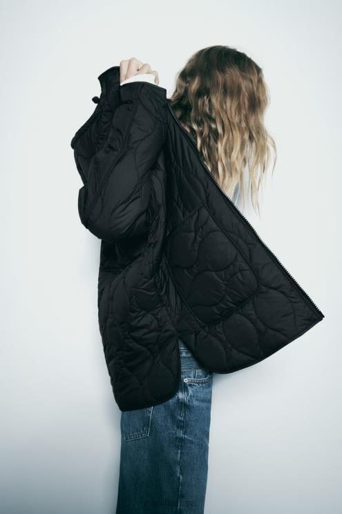 moterys Zara dygsniuota vandeniui atspari striukė ilgosiomis ūdomis juodas apranga 4N4882