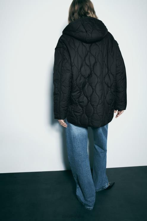 moterys Zara dygsniuota vandeniui atspari striukė ilgosiomis ūdomis juodas apranga 4N4882