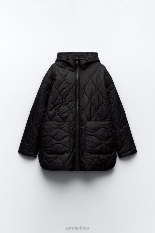 moterys Zara dygsniuota vandeniui atspari striukė ilgosiomis ūdomis juodas apranga 4N4882