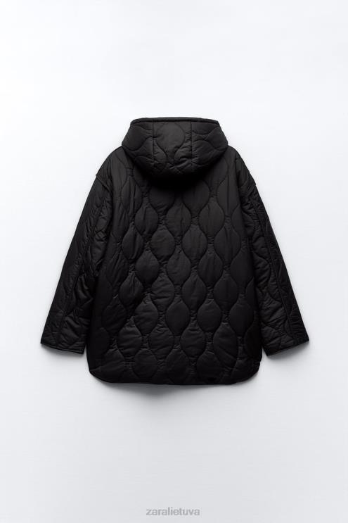 moterys Zara dygsniuota vandeniui atspari striukė ilgosiomis ūdomis juodas apranga 4N4882