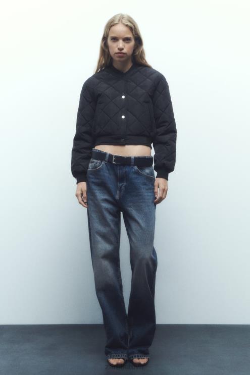 moterys Zara dygsniuotas apkarpytas bomber striukė juodas apranga 4N48846