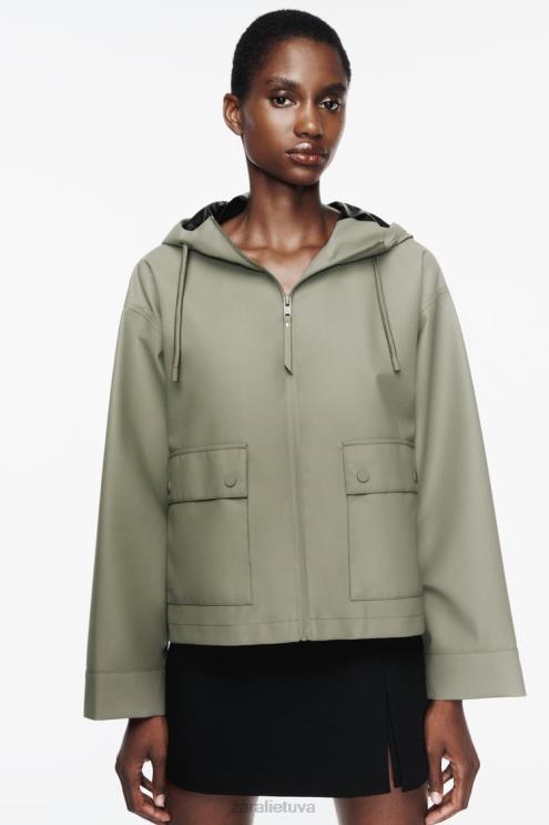moterys Zara gumuotas lietpaltis su gobtuvu chaki apranga 4N488109