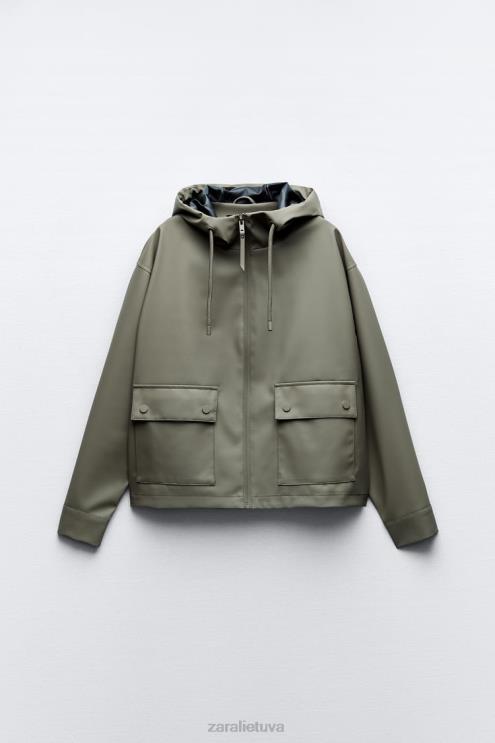 moterys Zara gumuotas lietpaltis su gobtuvu chaki apranga 4N488109